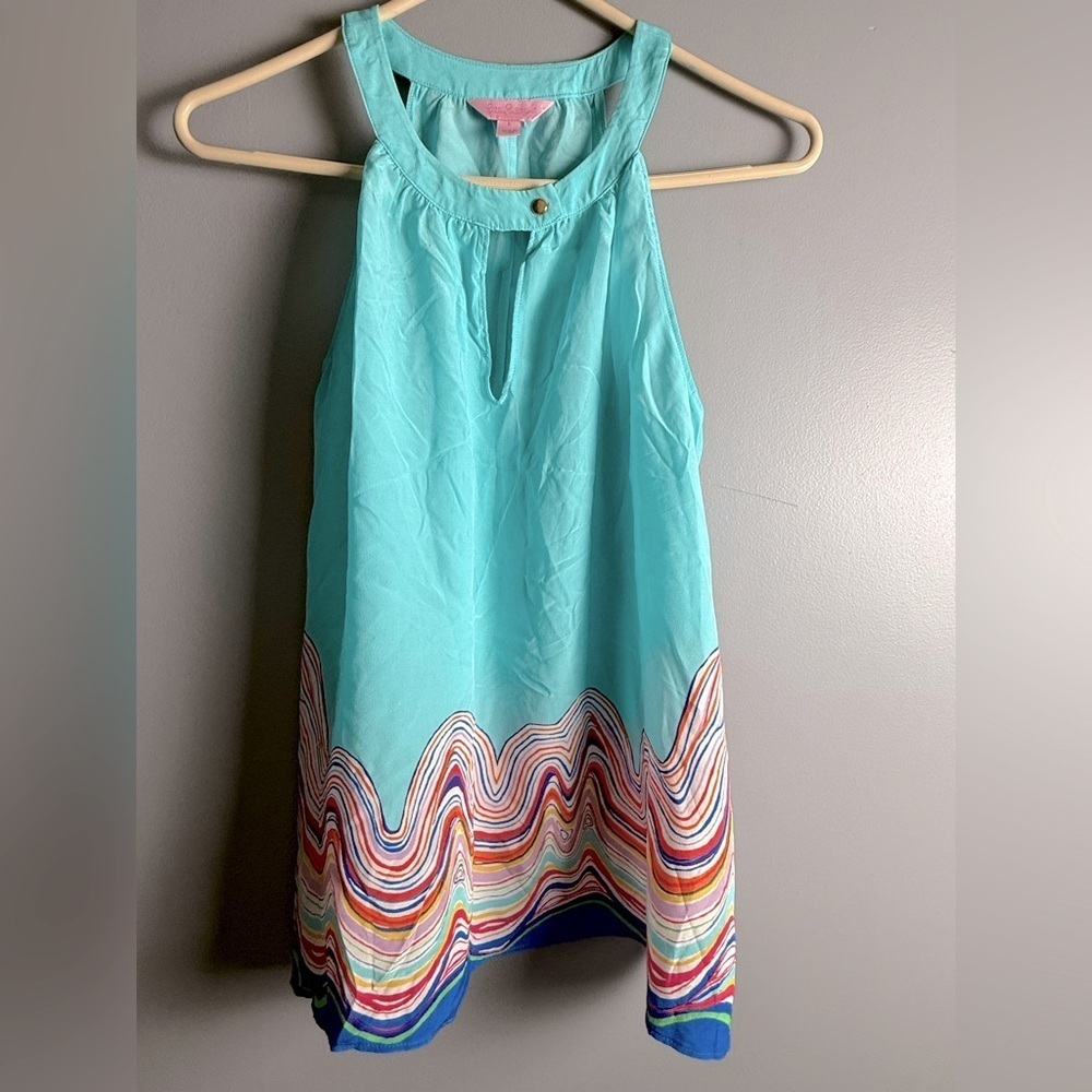 Lilly Pulitzer 100% Silk Rohan Tank Top in Shorely Blue Size S 18" PTP